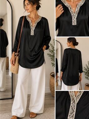 Bob Mackie Wearable Art Black Embroidered Sequin Tunic Blouse Resort Boho Chic